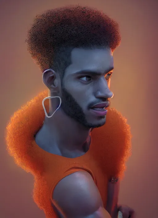 Image similar to illustration of short curly orange afro hair men as a self, portrait, smooth, unreal engine 5, octane, reflects, masterpiece artwork, ultra detailed, artgerm, as pixar film poster, digital art, trending on artstation, behance, deviantart