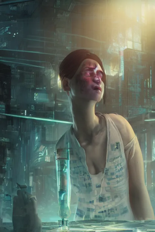 Image similar to a cyberpunk woman awakening from a test tube, opening her eyes for the first time, conceiving the dystopian world around her, illustrated by greg rutkowski, roger magrini, richard mortensen and leticia gillett, dramatic lighting, envious atmosphere, daz 3 d, unreal engine 5, cgsociety contest winner, 4 k