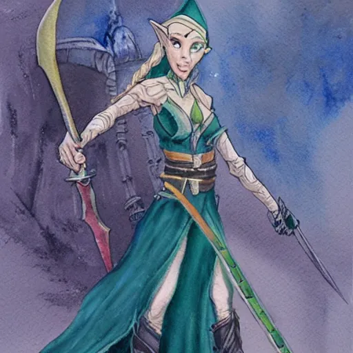 Image similar to a female elf holding a sword, a watercolor painting by tony diterlizzi, fantasy art, concept art