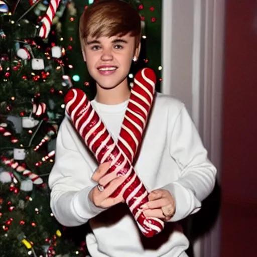 Image similar to justin bieber holding a candy cane,