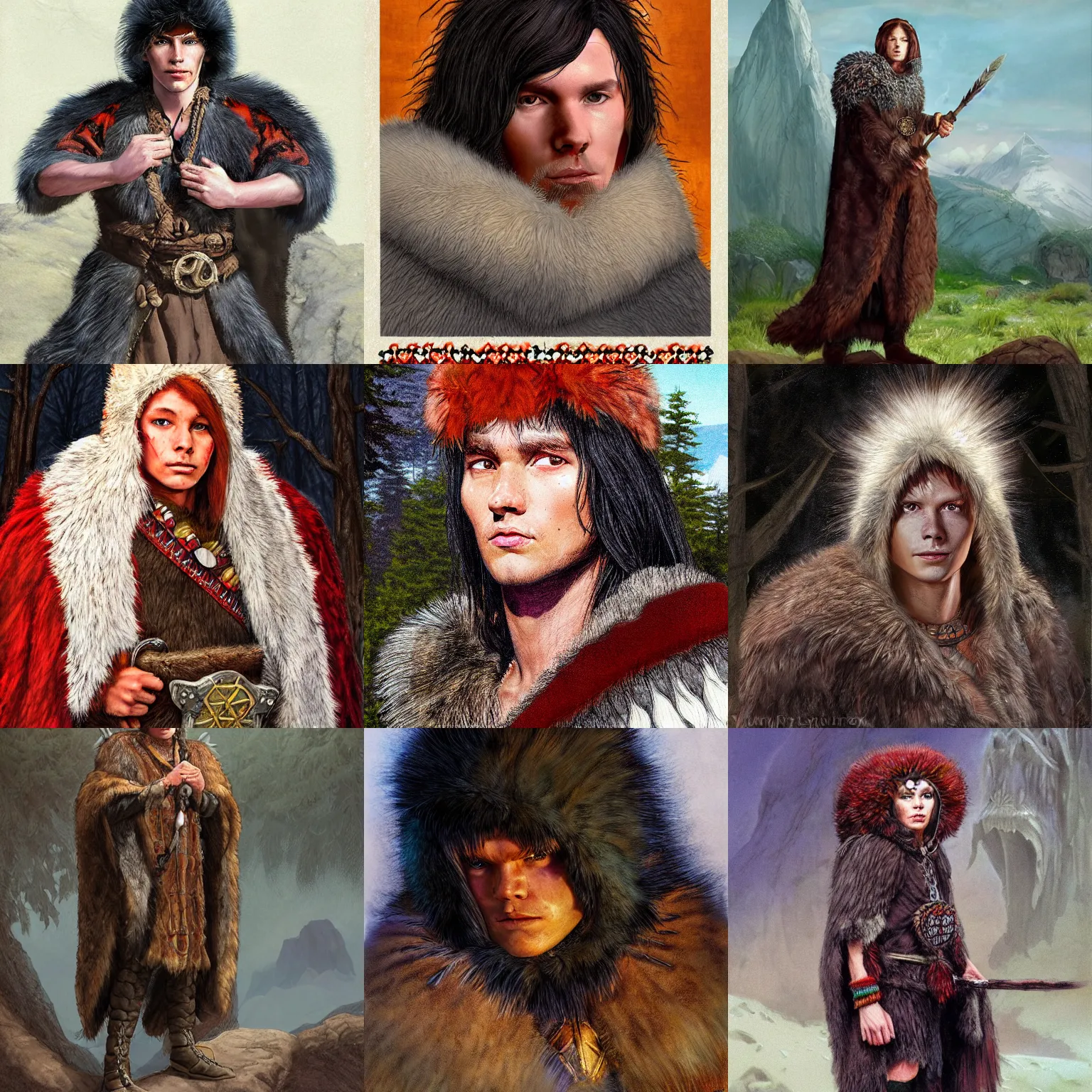 Prompt: Bjørn, a young male shaman wearing a bearskin cloak, portrait, D&D, fantasy, highly detailed, digital painting, sharp focus, illustration, art by larry elmore and greg rutkowski and frank frazetta. Colorized.