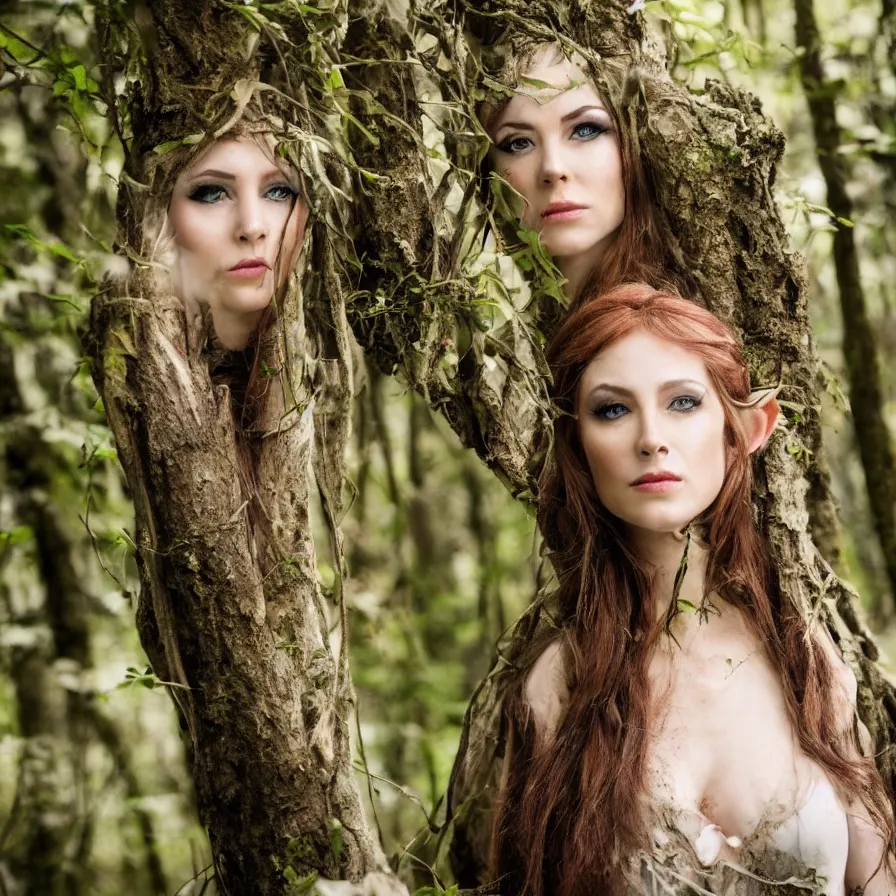 Image similar to A portrait of a beautiful and dangerous Elven Queen in her forest; natural light; f/1.4; 90mm