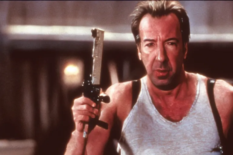 Image similar to film still of Alan Rickman as John McClane in Die Hard 1988