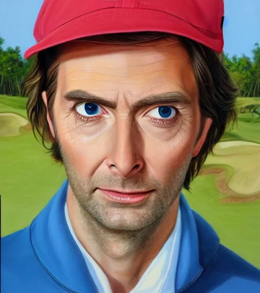 Image similar to portrait of david tennant as a golfer, white cap, beige and blue overstich, very detailed eyes, hyperrealistic, very detailed painting by Glenn Fabry, by Joao_Ruas