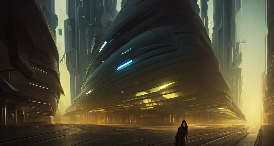 Image similar to cinematic shot, futuristic city, street view, utopian, zaha hadid, night, digital painting, artstation, concept art, smooth, sharp focus, illustration, intricate, elegant, highly detailed, in the style of greg rutkowski and alphonse mucha and artemisia, 8 k, highly detailed, jurgens, rutkowski