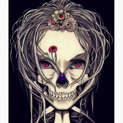 Image similar to anime manga skull portrait woman face flowing hair skeleton illustration style by Alphonse Mucha and Takashi Murakami pop art nouveau