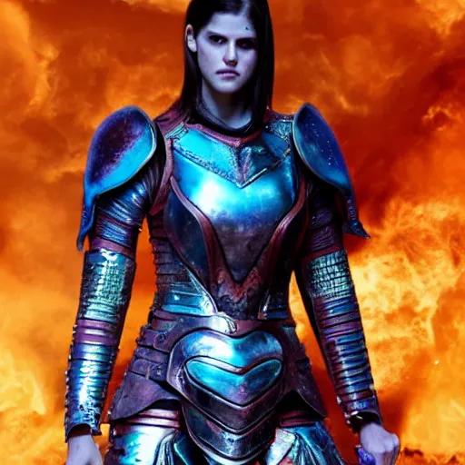 Image similar to full body photo of alexandra daddario as a warrior with galaxy coloured armour