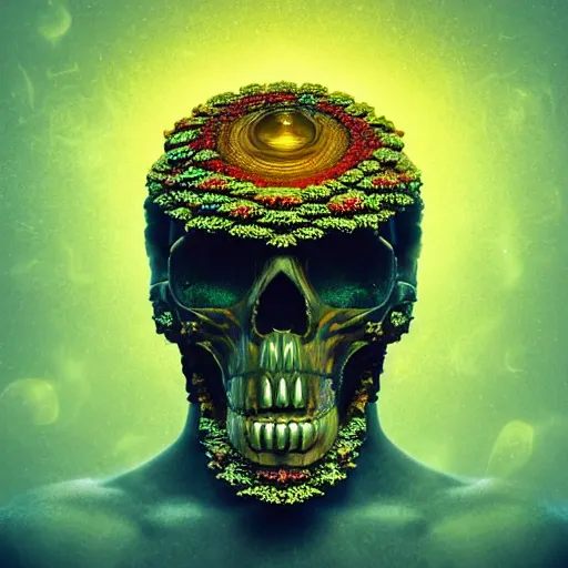 Image similar to a golden skull face african electric shaman with an afro made of flowers, third eye art art by machina infinitum, complexity from simplicity, rendered in octane, mandelbulb 3 d, ambient occlusion, macro photography, tribal, retrowave