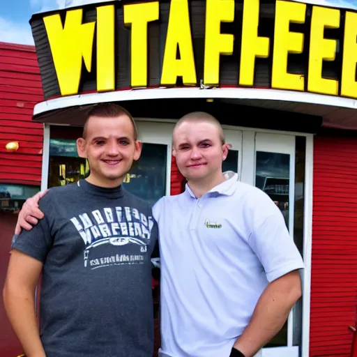 Image similar to wafflehouse employee's standing below wafflehouse sign