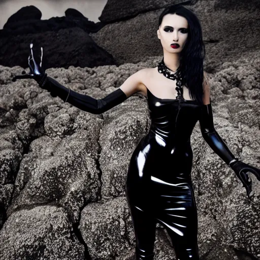 Prompt: portrait, full - body, a futuristic neo - goth woman wearing a shiny black latex ornate rococo dress, inside a volcanic black rock landscape, soft moonlight, volumetric lighting, dramatic, moody, ultra - sharp