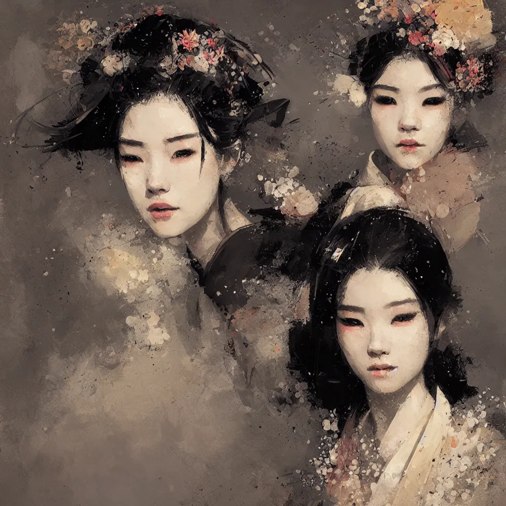 Image similar to female geisha girl, beautiful face, rule of thirds, intricate outfit, spotlight, by greg rutkowski, by jeremy mann