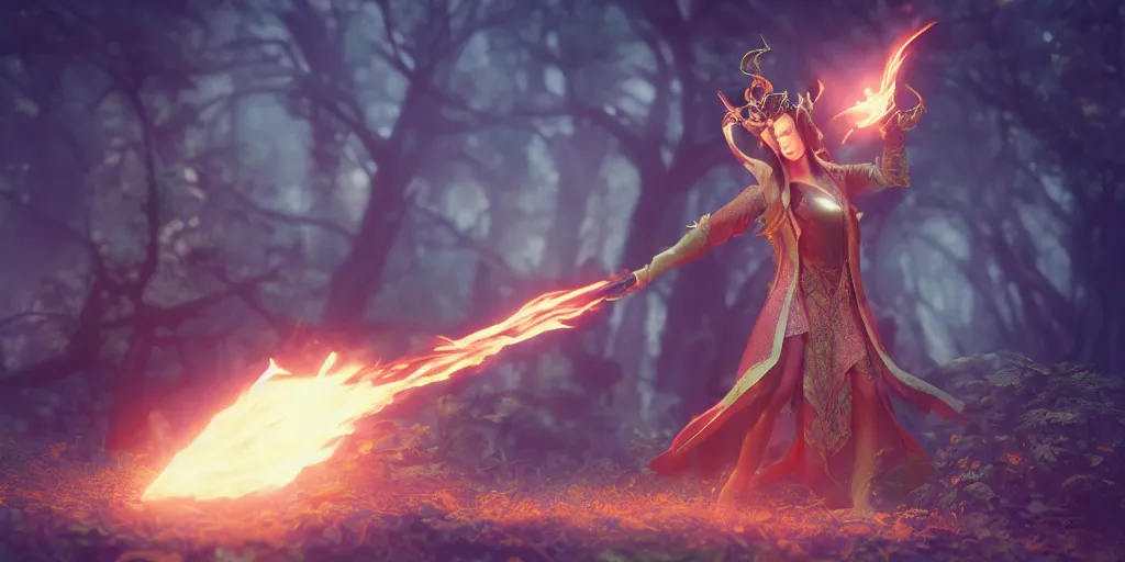 Image similar to a beautiful elven princes casting a fireball anime style, moody lighting, octane render
