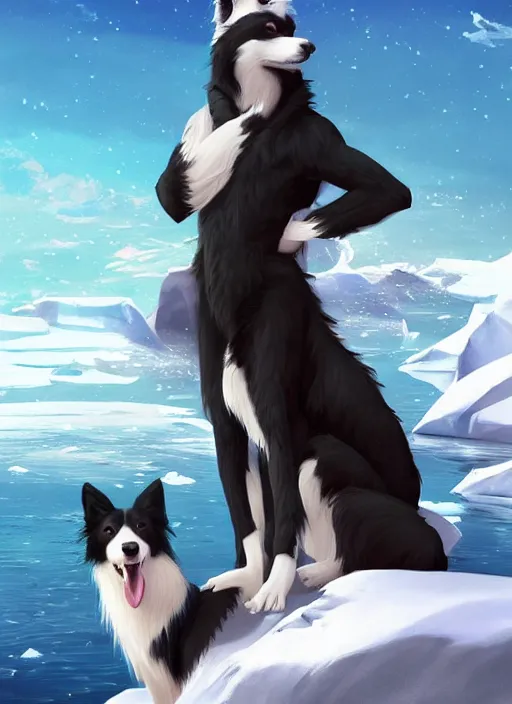 Image similar to beautiful portrait of a cute anthro male anthropomorphic border collie fursona wearing a swimsuit in antarctica. character design by charlie bowater, henry asencio, and ross tran. scenic background, detailed, glamor pose, aesthetic, furry, trending on artstation, top rated on furaffinity and deviantart