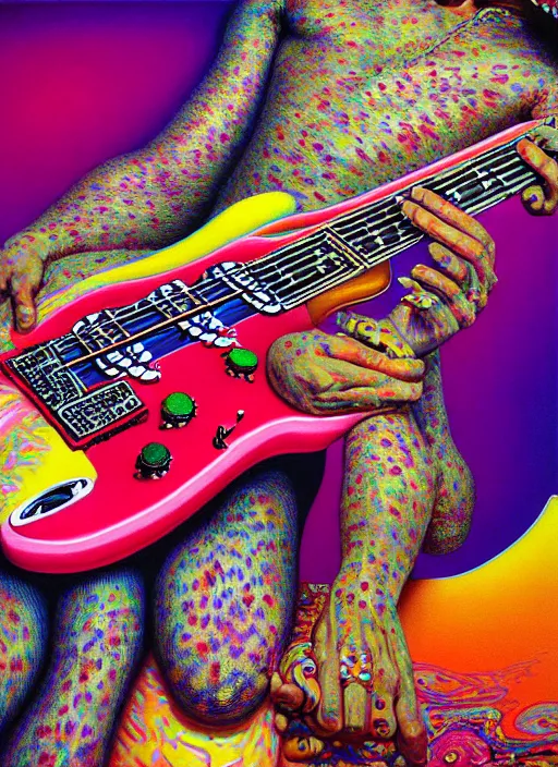 Prompt: hyper detailed 3d render like a Oil painting - Jimi Hendrix aerochrome and milky Fruit holding a white stratocaster guitar in his left hand, iridescent paisley patterns by Jacek Yerka, Ilya Kuvshinov, Mariusz Lewandowski, Houdini algorithmic generative render, Abstract brush strokes, Masterpiece, Edward Hopper and James Gilleard, Zdzislaw Beksinski, Mark Ryden, Wolfgang Lettl, hints of Yayoi Kasuma, octane render, 8k