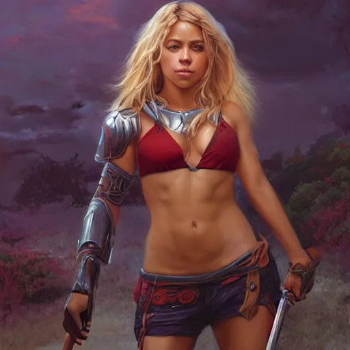 Prompt: A ultradetailed beautiful panting of Shakira with muscular body in armor, fantasy, Oil painting, by Ilya Kuvshinov, Gregg Rutkowski and Makoto Shinkai