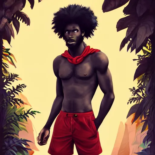 Image similar to black young man, one legged, fit, with red hood, yellow eyes, smoking a pipe, rastafari hair, red shorts, bare foot, Amazon rainforest background, crescent moon, river, art by artgerm, photo realistic, magical aura, cool pose