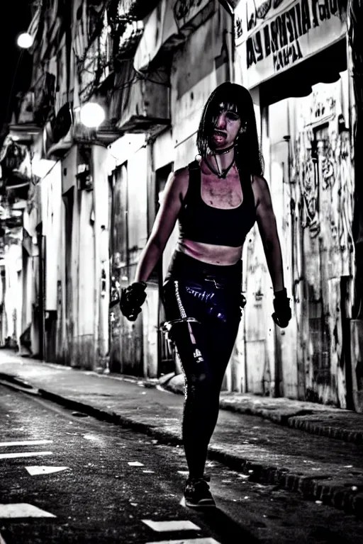 Image similar to buenos aires argentina cyberpunk strong girl sweating, sci - fi streets night