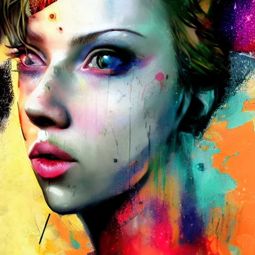 Prompt: drunken scarlett johansson as delirium from sandman, one green eye and one blue eye, ( hallucinating colorful soap bubbles ), by jeremy mann, by sandra chevrier, by dave mckean and richard avedon and maciej kuciara, punk rock, tank girl, high detailed, 8 k