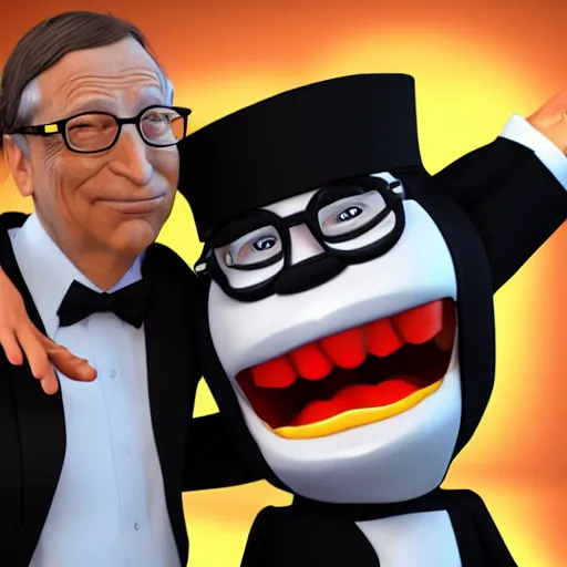 Prompt: Linux Tux strangling Bill Gates, 8k ultra HD, realistic 3D render, CGsociety, Artstation trending, CGI