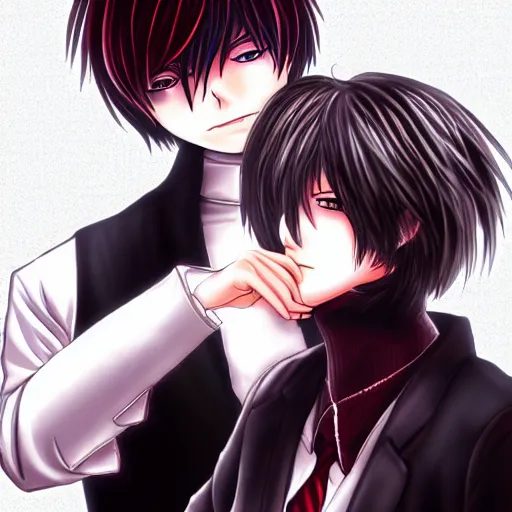 Image similar to L·Lawliet kissing Light Yagami,Official character illustration,Popular on Pixiv,Death Note,fantasy cherry blossom background