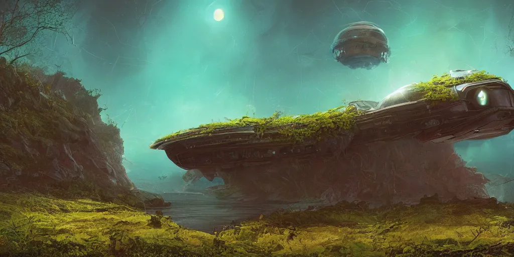 Image similar to a crashed, abandoned spaceship hanging partially over a cliff. The spaceship is covered in vines. Beneath the cliff is an alien lake. In the sky are two suns. Detailed digital matte painting in the style of simon stalenhag