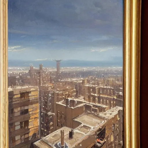 Image similar to the trappings of modern life, a view from the penthouse, oil painting by greg rutkowski