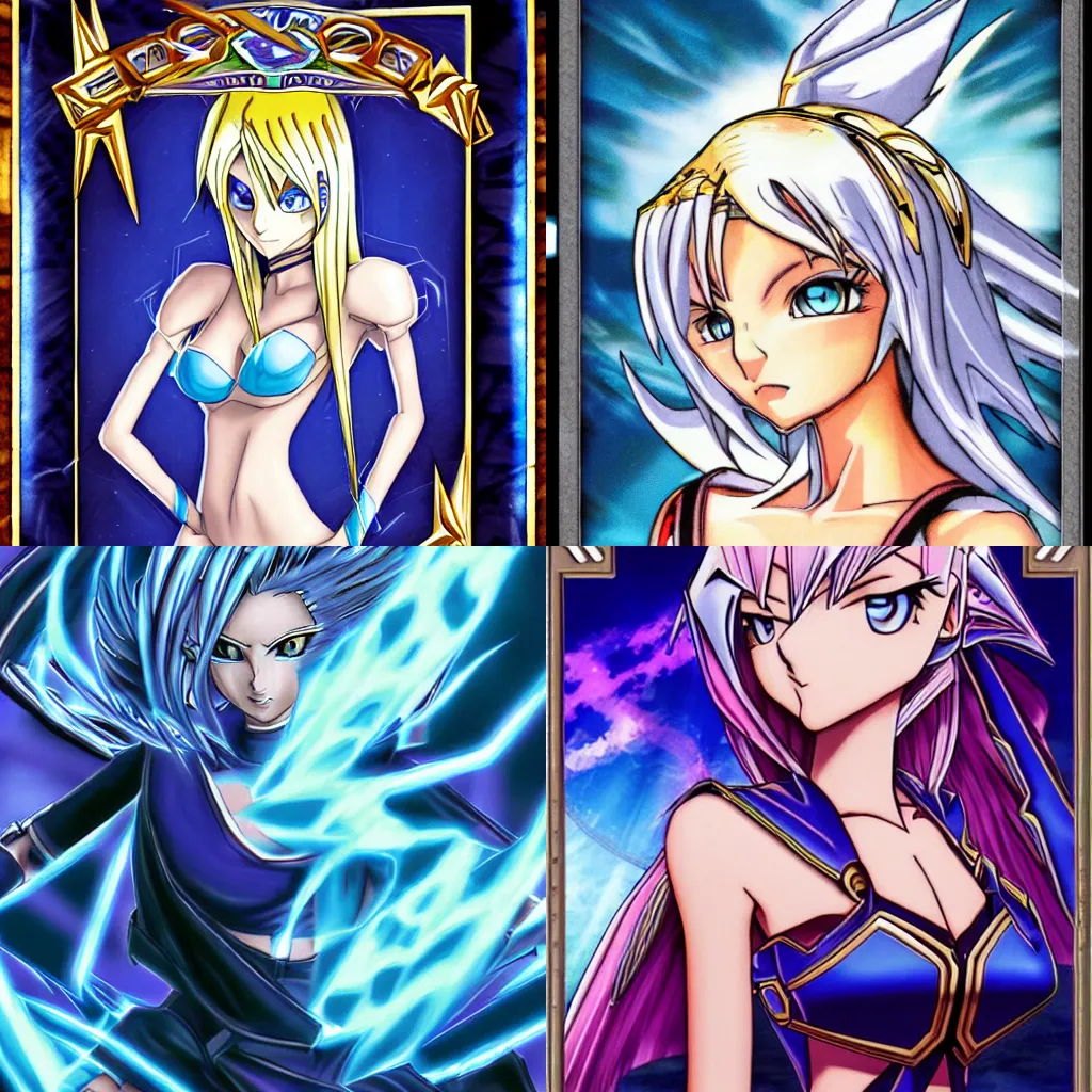 Prompt: yugioh card art of blue eyes white woman