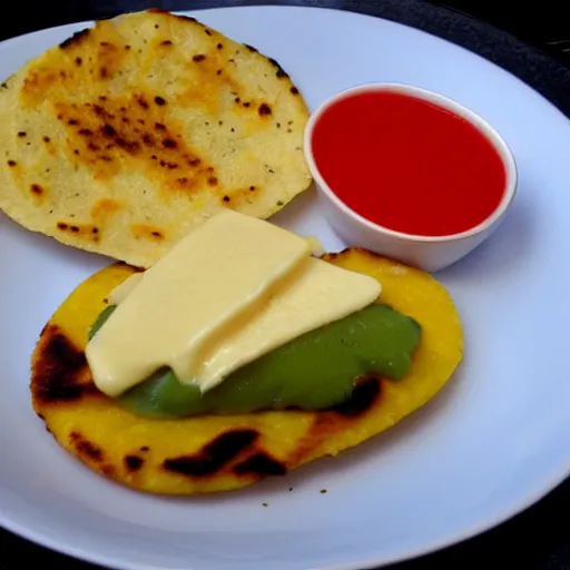 Prompt: venezuelan arepa of chicken and cheese