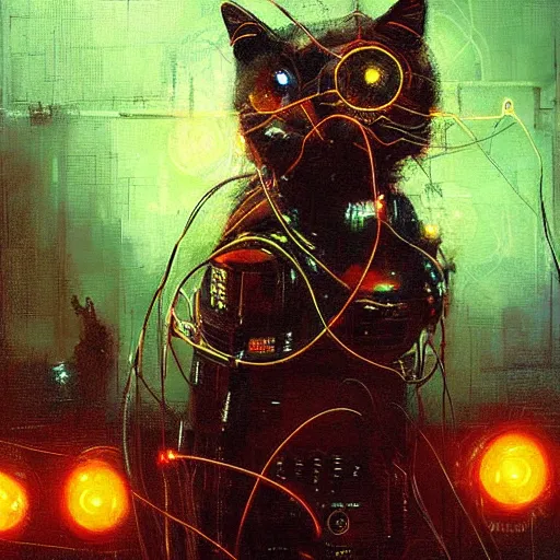 Image similar to robot cyborg cat, many wires and neon lights exposed, metal and glowing eyes, highly detailed painting by jeremy mann