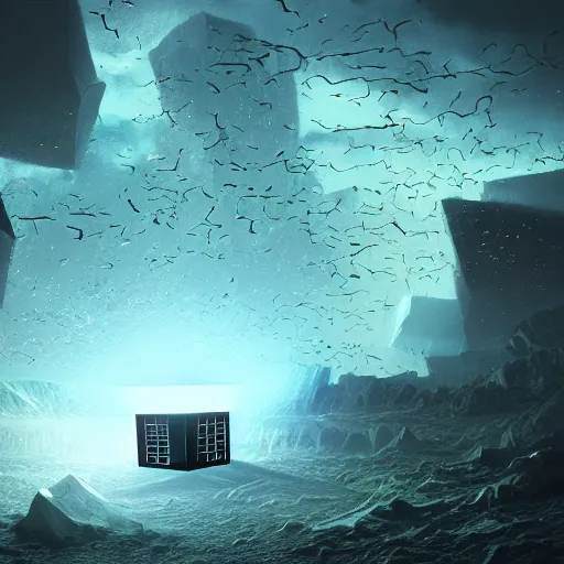 Image similar to A glowing cube in a dark, fantastic landscape, surrounded by many hooded figures circling the cube. Epic Digital Art, High Detail, 4k