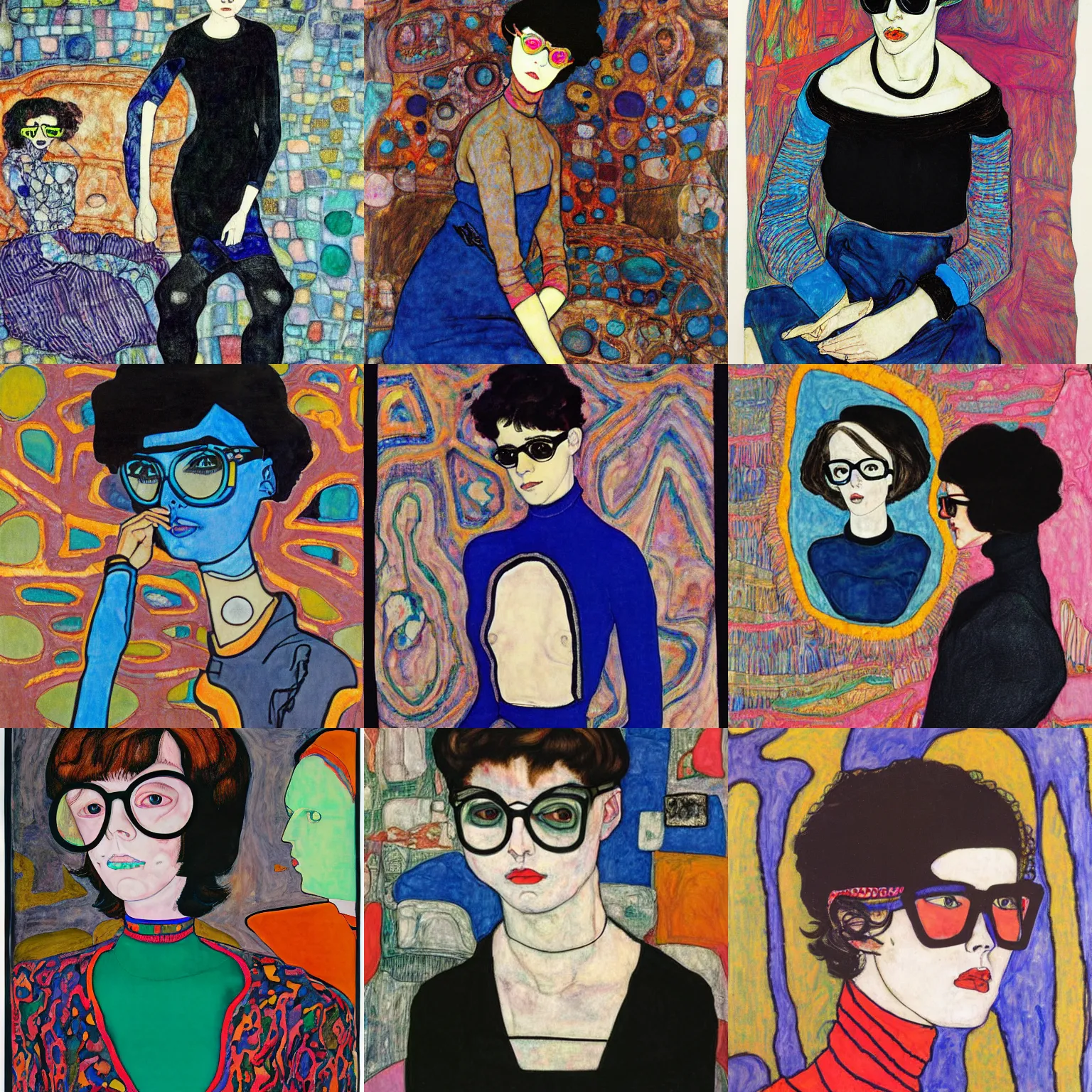 Prompt: egon schiele short black asymetrical bob haircut and round thin blue frame glasses teen girl, black turtleneck lace dress, in a colorful and bright trippy victor moscoso room. colorful.