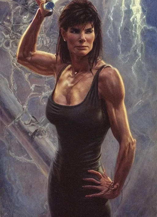 Image similar to Sandra Bullock (1990) as a muscled heroine staring into the camera, torch shadows, foggy night, intricate, elegant, highly detailed, Donato Giancola, Joseph Christian Leyendecker, WLOP, Boris Vallejo, Artgerm