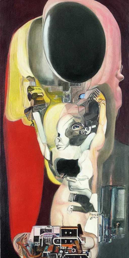 Prompt: painting of a super intelligent computer being born out of the top of the head of a beautiful androgynous cyborg by francis bacon