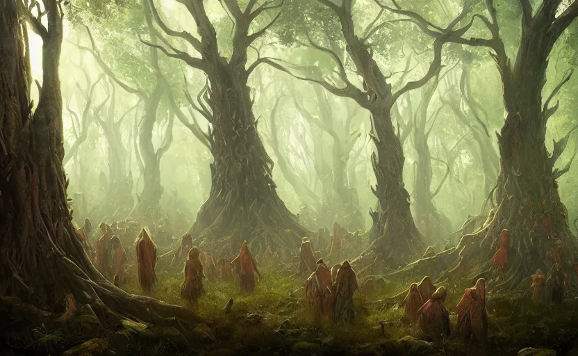 Prompt: A painting of A forest of Ents decide to invade a wiccan ritual in the middle of their woods trending on artstation in the style of Greg Rutkowski