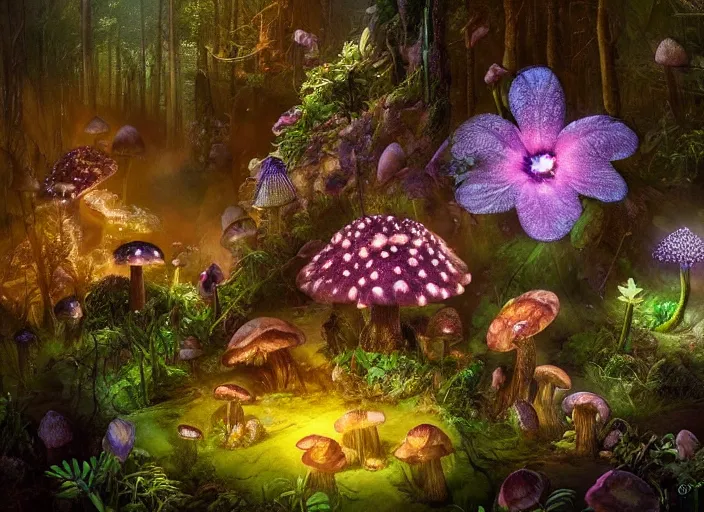 Image similar to glowing delicate flower and mushrooms that grow in a dark fatansy forest on the planet Pandora,