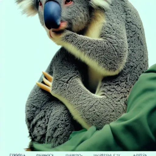 Image similar to Poster for a film about A man and his pet koala, the two characters in foreground, light blue background, minimalist, aesthetic, pinterest, simplistic, film grain, indie film