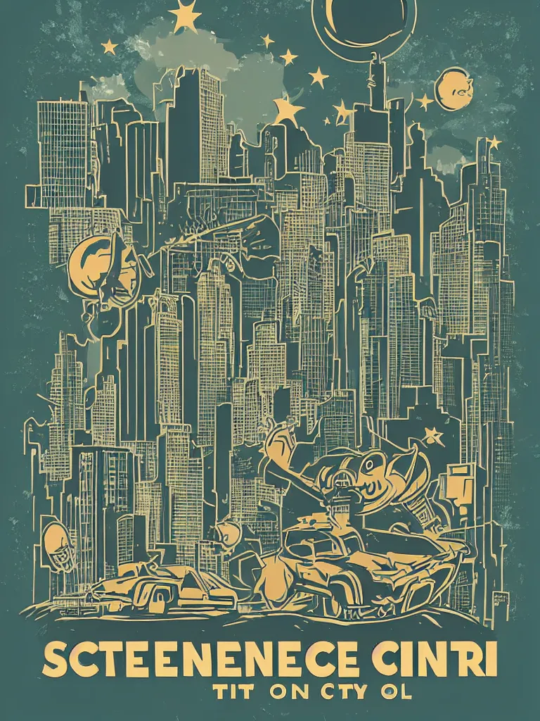 Image similar to tierra connor style poster illustration of a large retro science moster battle above the city, vintage muted colors, some grungy markings