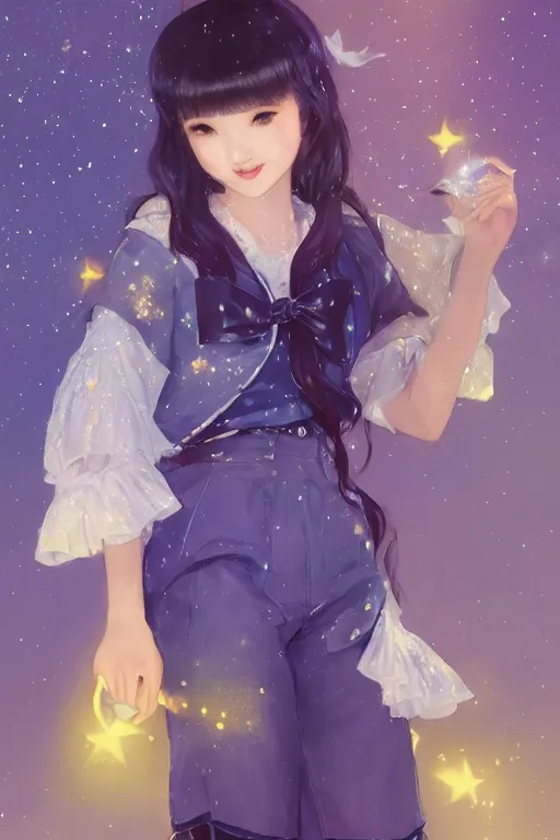 Prompt: Full View portrait of Eunha from Viviz and gFriend with short hair wearin purple overall shorts, short puffy pants, white tights covered in stars, Golden Ribbon, and a billowy scarf making a cute pose. masterpiece 4k digital illustration by Ruan Jia and Mandy Jurgens and Artgerm and greg rutkowski, award winning, Artstation, art nouveau aesthetic, Alphonse Mucha background, intricate details, realistic, panoramic view, Hyperdetailed, 8k resolution, intricate art nouveau