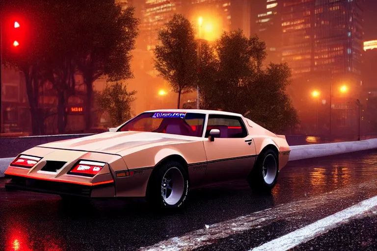 Image similar to hyperdetailed, photorealistic photograph of a 1 9 8 2 pontiac firebird trans - am drifting in the streets, rain, night, dense fog, hd, unreal engine 5 by greg rutowski, by stanley artgerm, by alphonse mucha