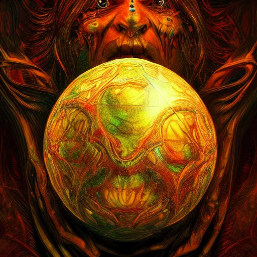 Image similar to photorealistic demonic globe in the style of michael whelan and gustave dore. hyperdetailed photorealism, 1 0 8 megapixels, amazing depth, glowing rich colors, powerful imagery, psychedelic overtones, 3 d finalrender, 3 d shading, cinematic lighting, artstation concept art