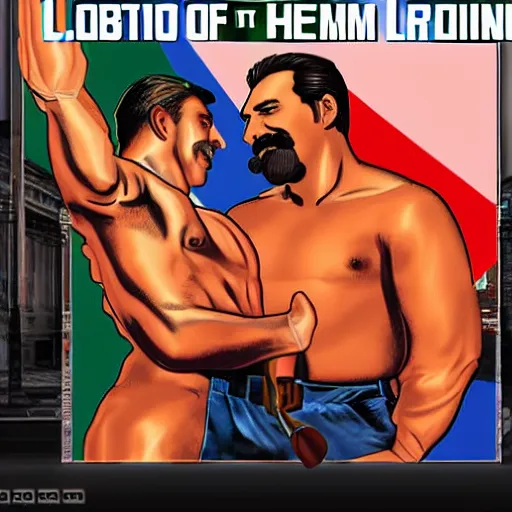 Image similar to lgbt art, tom of finland style, stalin, love with lenin, in billy herrington body, in gym, art in 4 k, high quality