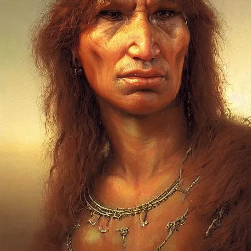 Image similar to portrait of a neanderthal woman ( 3 5 ) from spain, 5 0, 0 0 0 bce, an oil painting by ross tran and thomas kincade