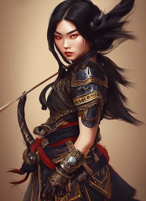 Prompt: a highly detailed illustration of fierce black haired mongol warrior woman with bow, heroic shooting bow pose, perfect hyperdetailed face, intricate, elegant, highly detailed, centered, digital painting, artstation, concept art, smooth, sharp focus, league of legends concept art, wlop.