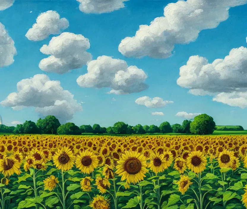 Prompt: a very detailed painting of a sunflower field, baby blue sky with very aesthetic stylized clouds, there is an ad billboard on the field, cows are on the field, an ufo is in the air, the ufo beams up a cow with a green light beam, in the style of edward hopper and hugo pondz, very fine brushstrokes, 4 k,