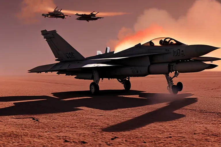 Image similar to a gritty hyperdetailed photorealistic f - 1 8 hornet ground attack aircraft shooting a missile at a small group of vehicles in the desert, volumemetric lighting, cinematic framing, cinematatic lighting, cinematic shadows, in the style of top gun maverick