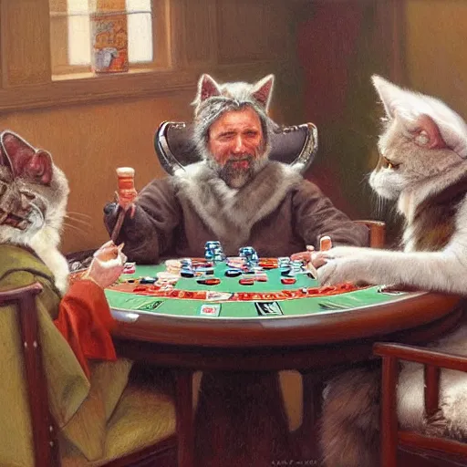 Image similar to man with fur and cat ears, playing poker, by donato giancola