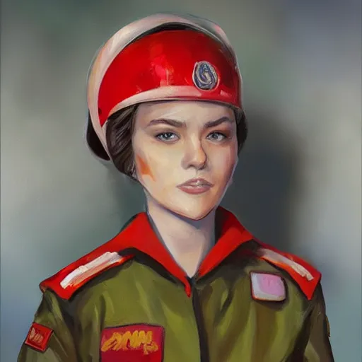 Prompt: oil paining of twentytwo year old female character with cat ears wearing soviet era uniform, wearing a tshirt with a face of karl marx on it, in the style of krenz cushart