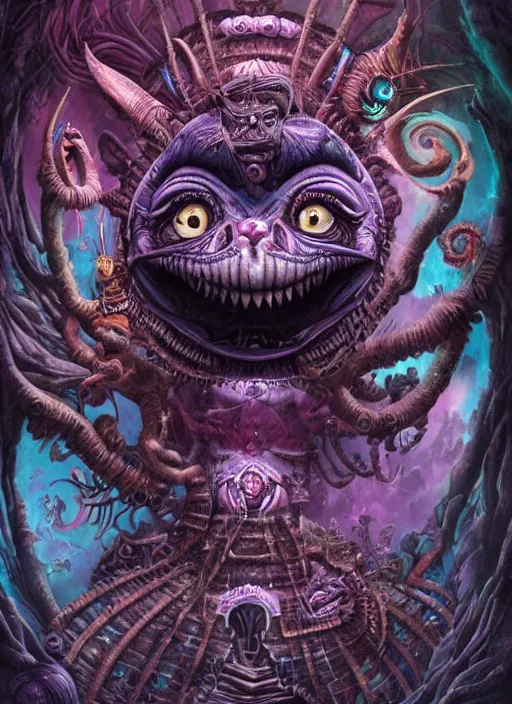 Image similar to cheshire cat, aztec god, alien, highly detailed, cinematic, 8 k, by megan duncanson, benjamin lacombe, adrian borda, stanley artgermm, tom bagshaw, craig mullins, carne griffiths, ayami kojima, beksinski, giger, trending on deviantart, hyper detailed, horror, full of colour