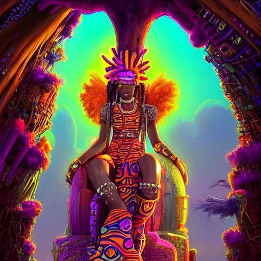 Prompt: a very regal african cyberpunk queen with colorful! dreadlocks and lots of jewlery sitting on a cliff overlooking a field of colorful flowers with a giant glowing baobab tree in the middle, it is sunset, by greg rutkowski and android jones and Alena Aenami in a surreal cyberpunk! style, oil on canvas, highly detailed face, 8k hd,