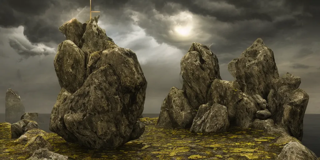 Prompt: Photorealistic epic landscape with magically floating rocks, with ominous storm clouds, strange levitating stones, stones falling from the sky, a gentle rising mist. Strange dark monks perform a ritual. Magical symbols float above them. occult photorealism, UHD, amazing depth, glowing, golden ratio, 3D octane cycle unreal engine 5, volumetric lighting, cinematic lighting, cgstation artstation concept art